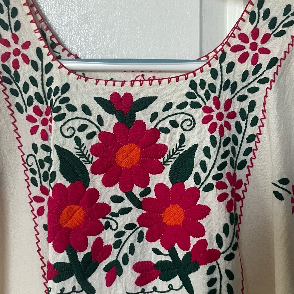 Mexican Embroidered Dress with Pink Flowers